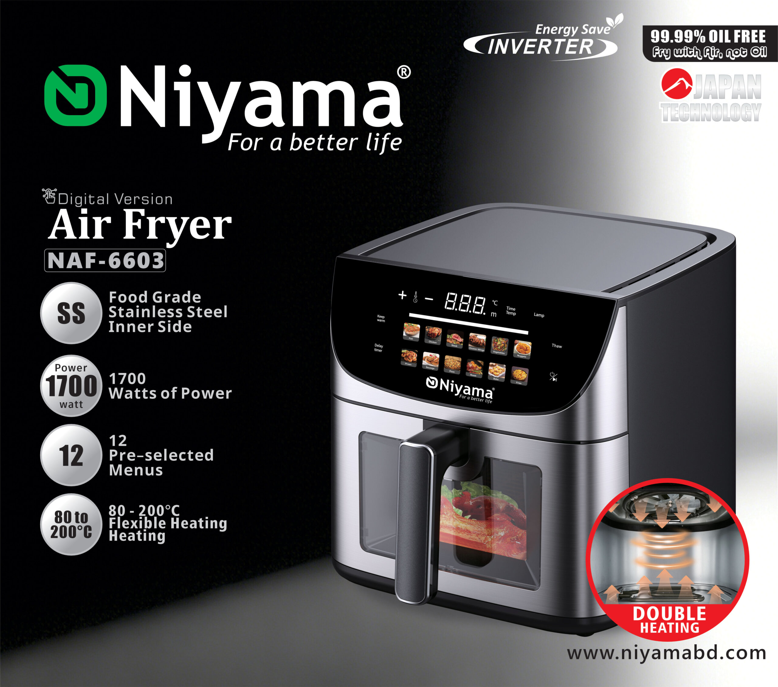 Niyama NAF-6603 Digital Air Fryer – 1700W Inverter Double Heating with Stainless Steel Inner Cavity