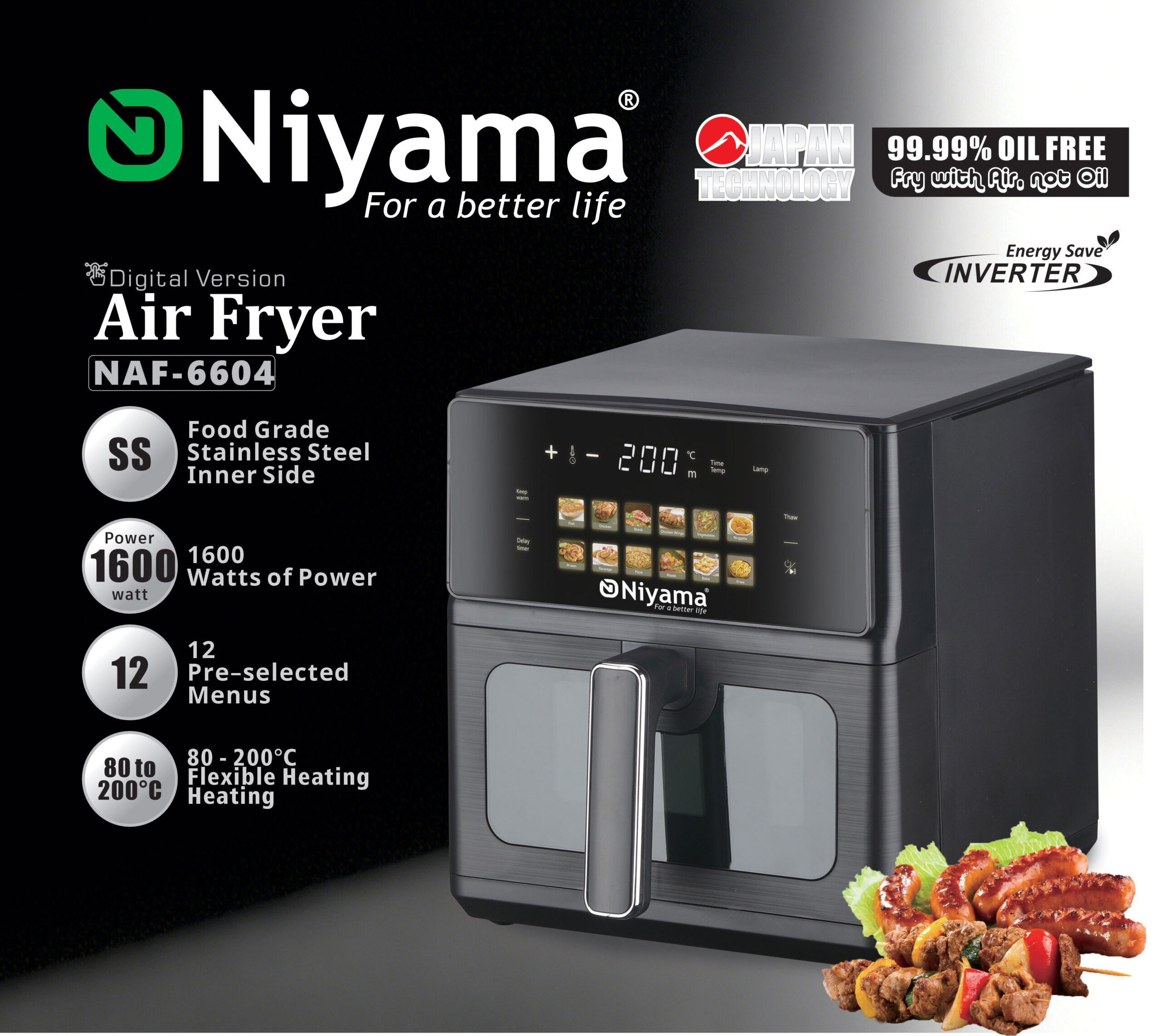 Niyama NAF-6604 Digital Air Fryer – 1600W Inverter Energy Save with Stainless Steel Inner Side
