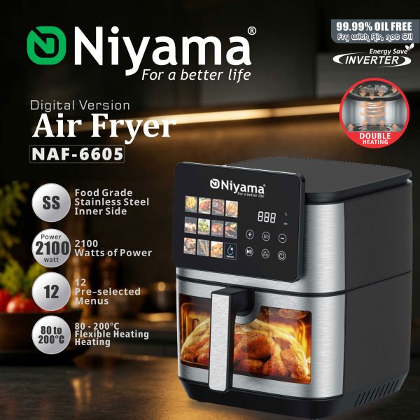 Niyama NAF-6605 Digital Air Fryer – 2100W Inverter Double Heating with Stainless Steel Inner Side