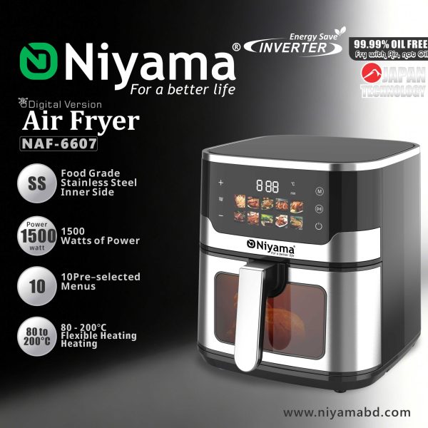 Niyama NAF-6607 Digital Air Fryer – 1500W Inverter Energy Save with Stainless Steel Inner Side
